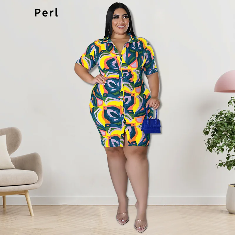 

Perl Plus Size XL-5XL Women Dress Printed Short Sleeve Skirt Bright Summer Outfit Casual Button Clothing for Ladies Streetwear