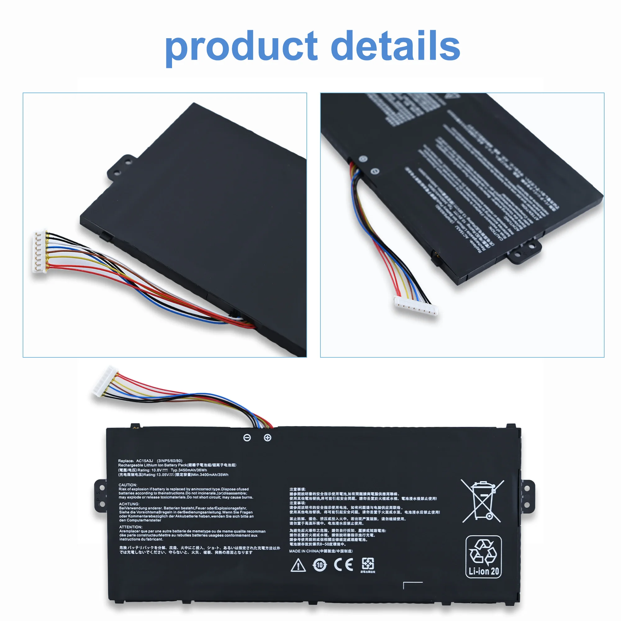 Фото Оригинальный аккумулятор для ноутбука LOLG AC15A3J 10.8V 36Wh 3490mAh AC15A8J для Acer Chromebook11 CB3-131 CB311-8H CB311-9H CB3-132 №4