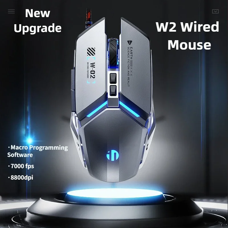 Фото Игровая мышь Inphic W2, проводная USB-мышь со светящимся геймером, механический металлический стиль, подходит для настольных ноутбуков, компьютеров, офиса №1