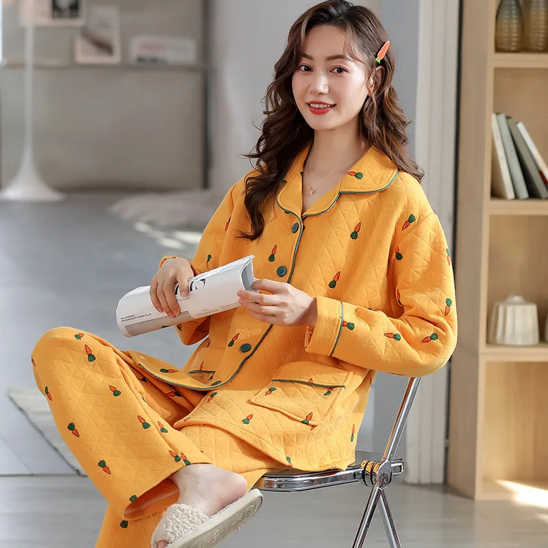 Pajamas For Women Cotton Set Sleep Lounge Pajama Plus Size 5XL Long Sleeve Sleepwear Winter Thick Warm Cute Cartoon Pyjamas