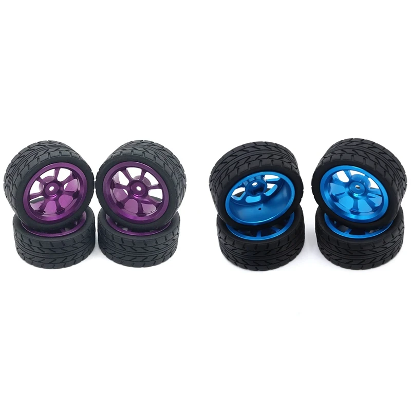

2Set 65Mm Metal Wheel Rim + High Grip Rubber Tires Tyres For Wltoys 144001 A959 A959-B 124019 124018 Blue & Purple