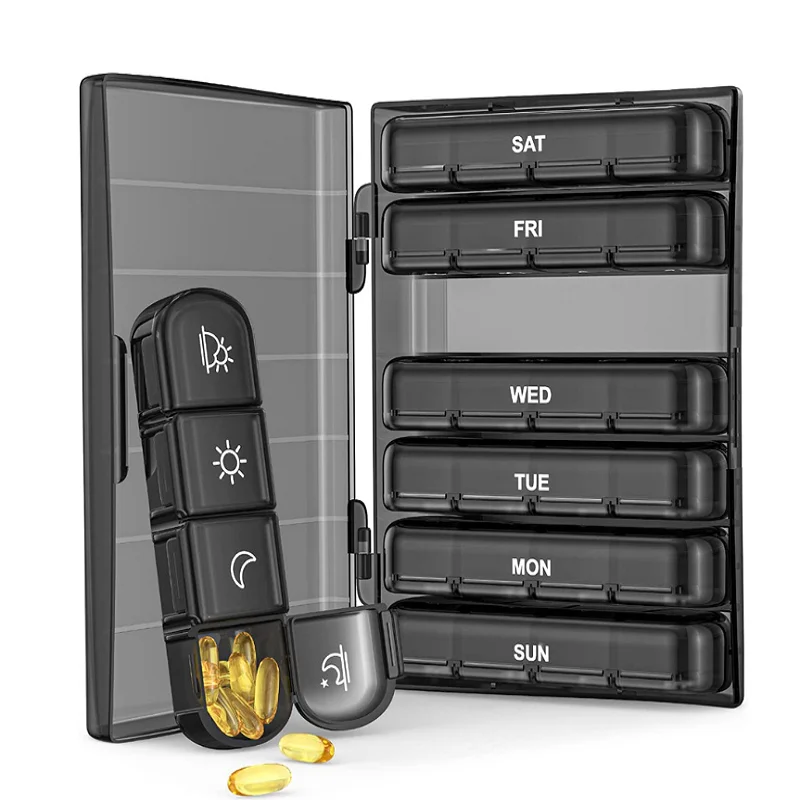 

2022 new portable 7-color 7-day-a-week 28 cell black medicine kit