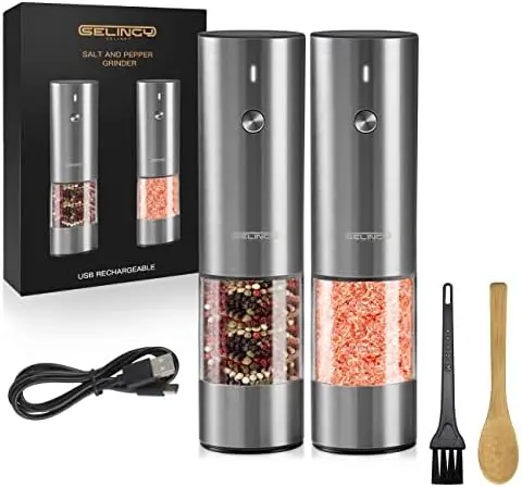 

Salt and Pepper Grinder Set - Stainless Steel, with USB Type-C Cable, LED Lights, Automatic Modern Pepper Mill, 2 Adjustable Co