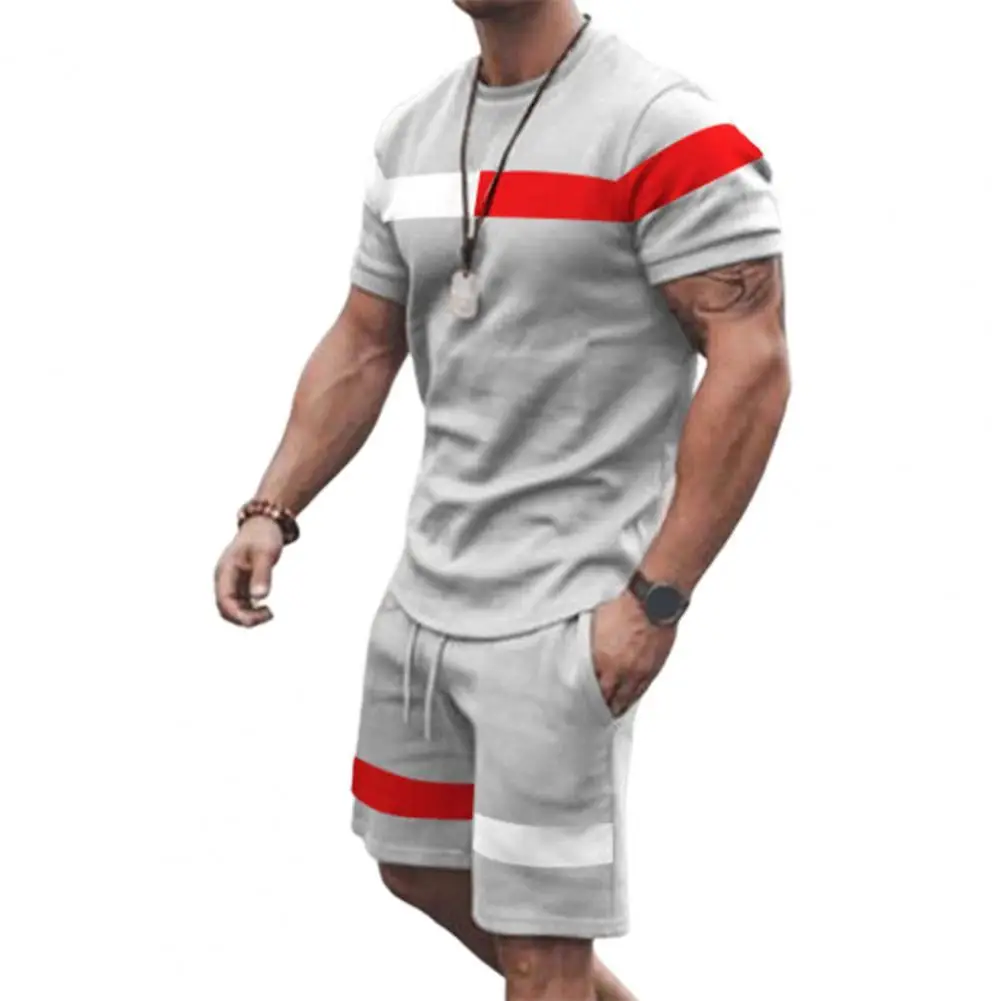 

Contrast Color Simple Round Neck Drawstring Men Tracksuit Male Garment