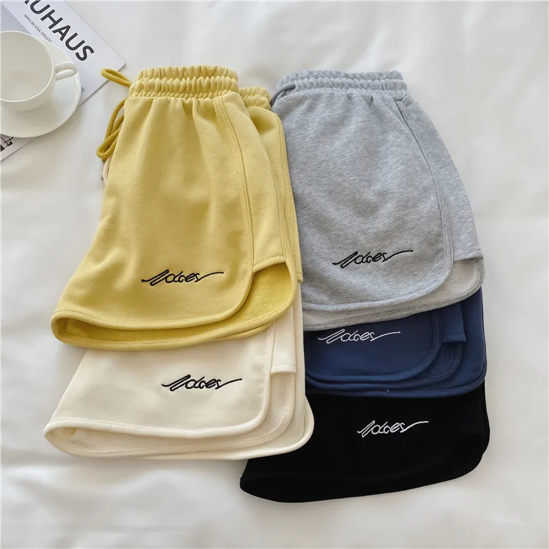 

Women's Summer Shorts Embroidery Letters Drawstrings Elastic High Waist Wide Leg Yoga Hot Pants Ladies Short Lose Trousers 2023