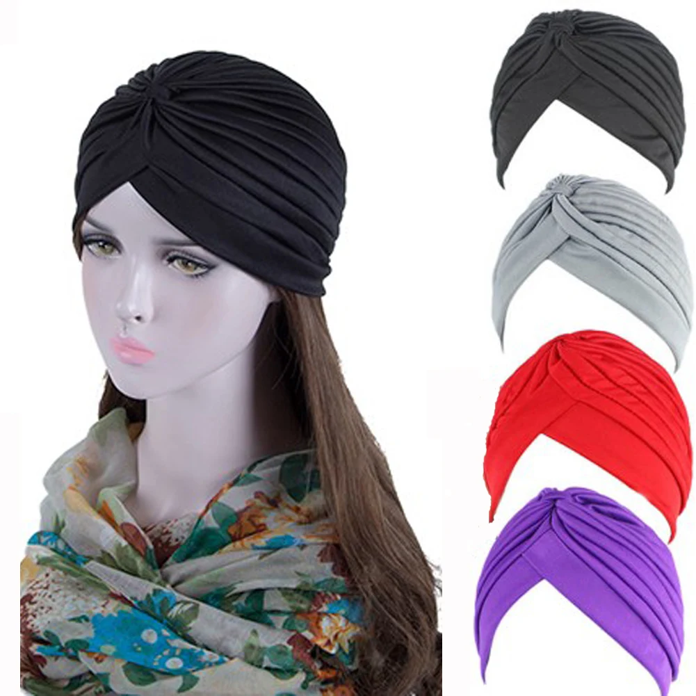 

Stretchy Turban For Women Muslim Hat Fashion Solid Color Headband Ruffles Chemotherapy Hijab Casual Female Knotted Indian Cap