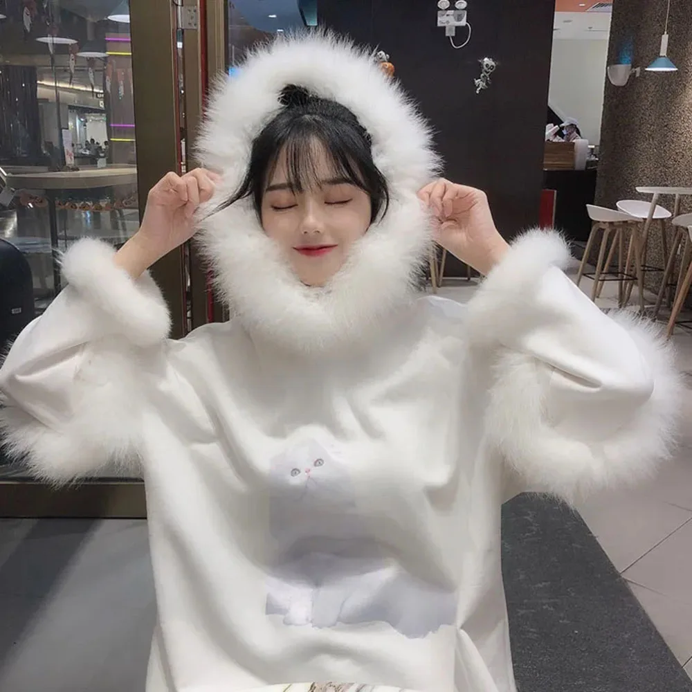 

Winter Women's Sweatshirts Japanese Soft Girl Cute Cat Print Big Wool Collar Hoodies Loose Medium Length Rabbit Hair Sweatshirt