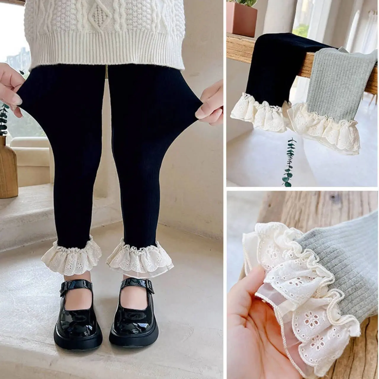 

Girls Leggings Warpped Lace Ruffles Korean Style Fall Spring Clothes Stretch Toddler Child Soft Knitted Pants 1-8Years Old Kids