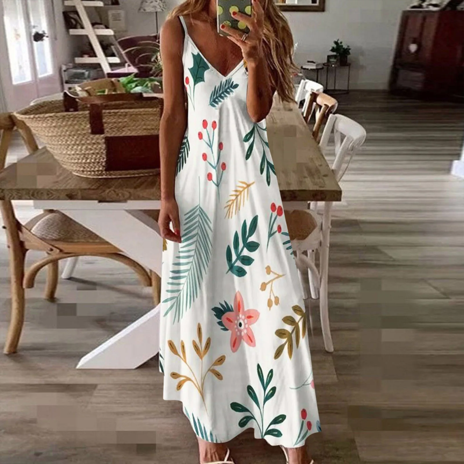 

Summer Women V-Neck Floral Printed Strap Long Maxi Dress Sexy Beach Split Sleeveless Vintage Woman Clothing Holiday Vestidos