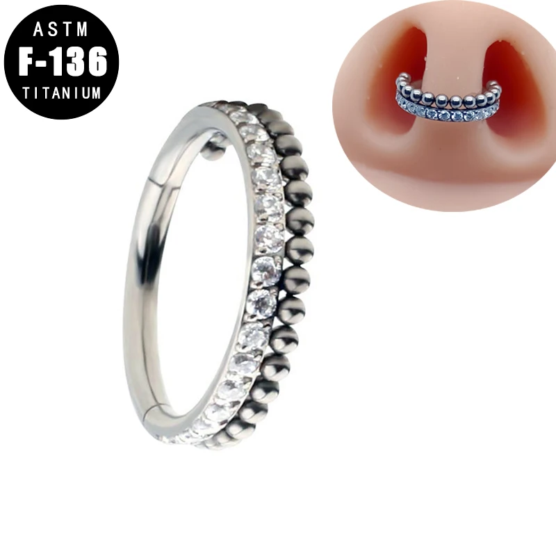 ASTM F136 Titanium  Ear Cartilage Tragus Piercing Nose Ring Hoop CZ Side Beads Hinged Segment Septum Cliker Piercing Jewelry