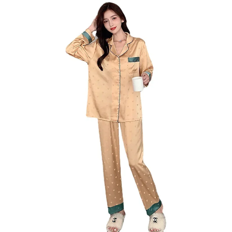 QWEEK Satin Designer Clothes Women Luxury Sleepwear Cardigan Pajama Summer 2 Piece Set Trouser Suits Green Golden Nightie