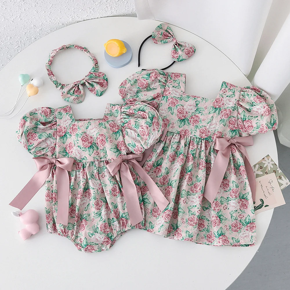 

Summer Baby Girls Vintage Floral Puff Sleeve Romper Sister Kids Matching Clothes Fashion Sweet Bow Toddler Dress Cotton Outfits