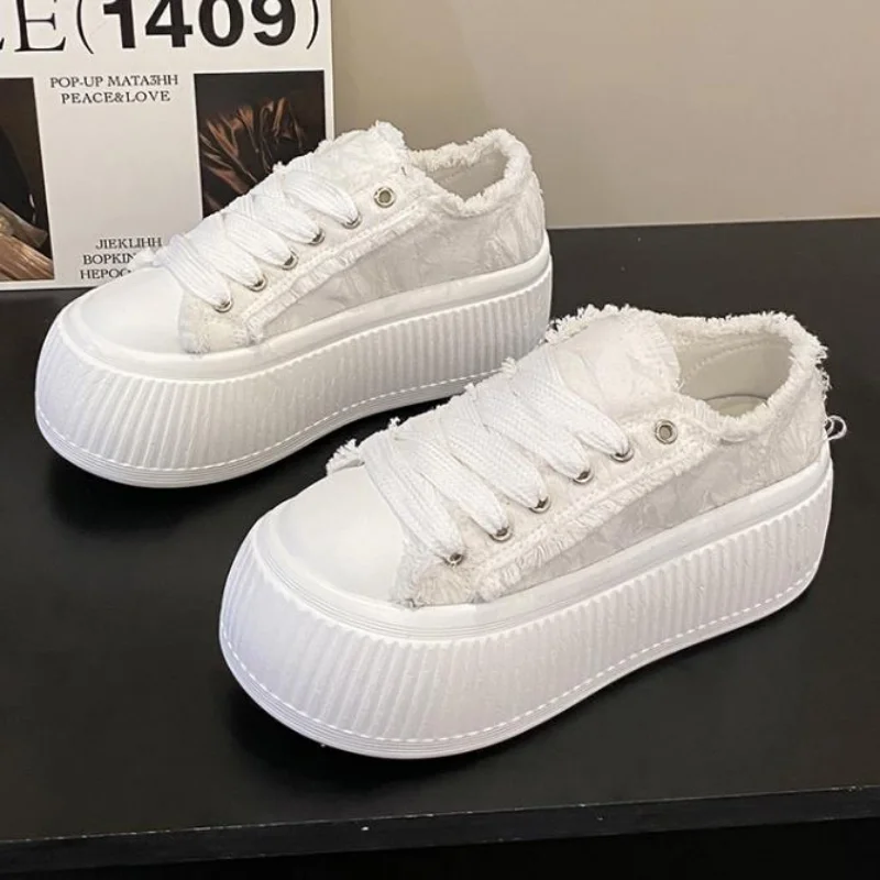 

6CM Thick Sole Sports Shoes Women Outfit Lace-up White Low Print Fashion Shoes Round Toe Sneakers Shallow Designer For Women