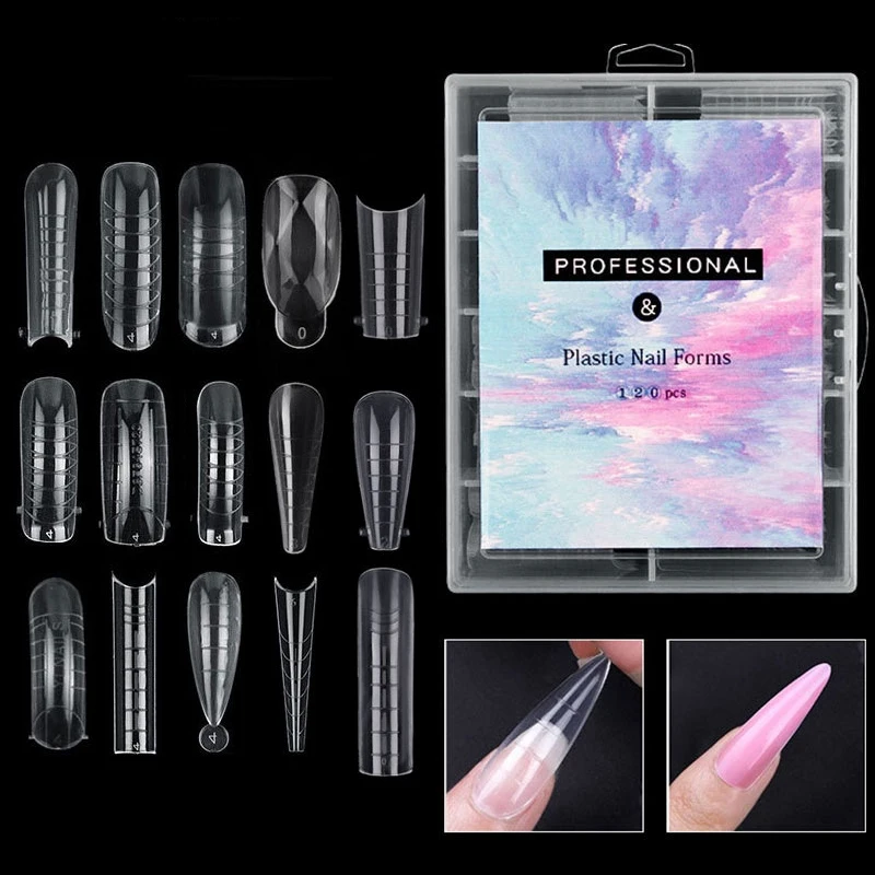 

120 Pcs Crystal Nail Extension Plate Model Plastic Transparent Nail Form UV Gel Extension Quick Building Form Nail Art DIY Tools