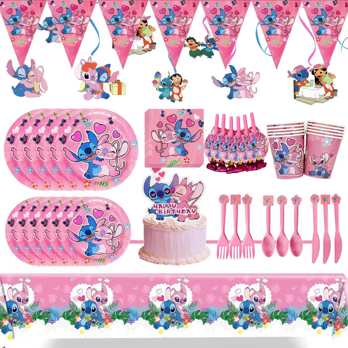 Розовый Лило Стич Kilds украшения для дня рождения бумажный стаканчик тарелка