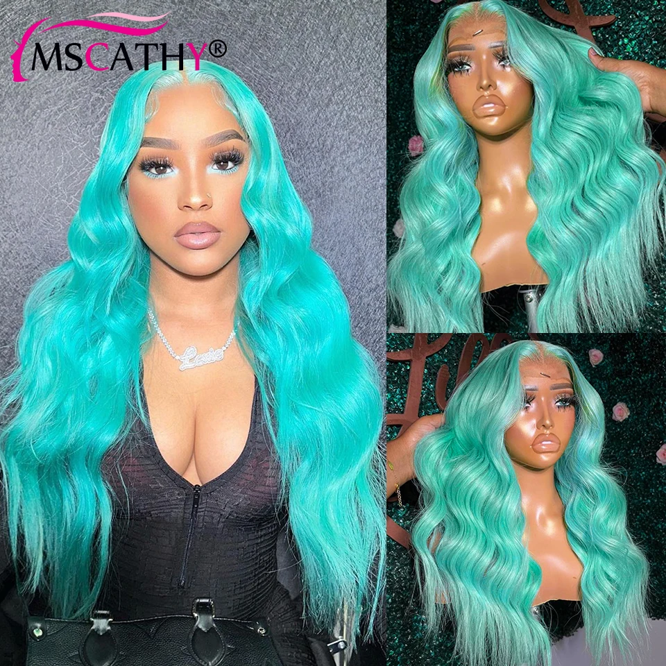 

13x4 Mint Green Body Wave Lace Front Wig HD Transparent Lace Frontal Wigs For Women Pre Plucked Brazilian Remy Human Hair Wig