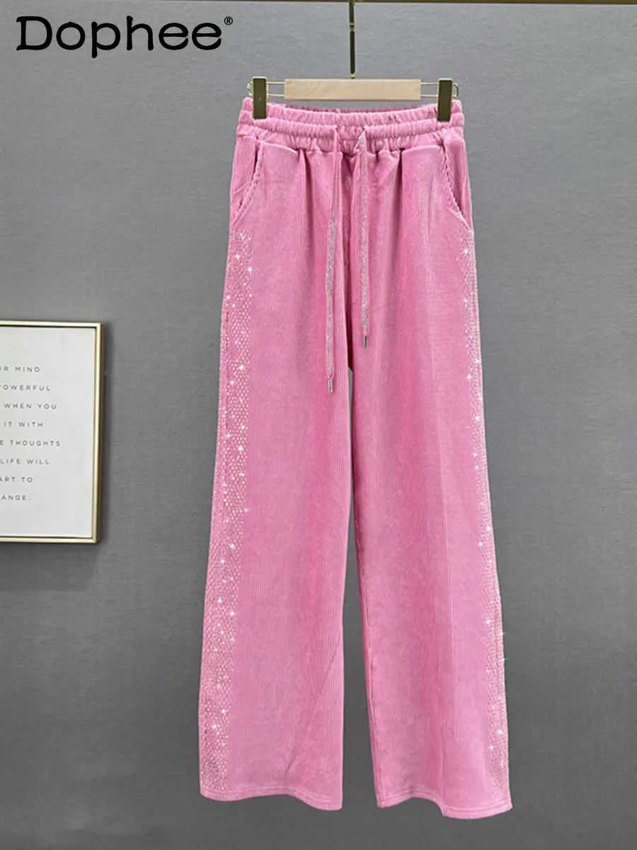 Heavy Hot Drilling Sweet Pink Casual Pants Women 2023 Spring New Lace-up High Waist Loose Slimming Wide Leg Pants Long Trousers
