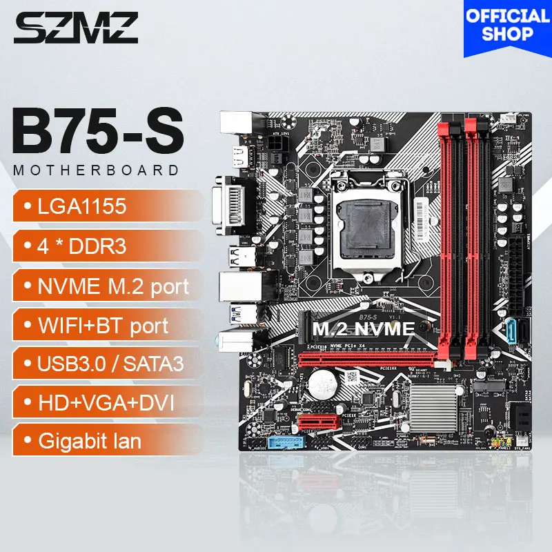 Восстановленная материнская плата SZMZ B75 LGA 1155 поддержка 4 * DDR3 USB3.0 SATA3 NVME Wi-Fi