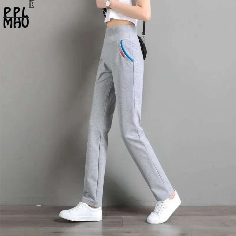 Korean Fashion High Waist Joggers Women Casual Cotton Straight Pants Thin Summer Stretch Sweatpants Large Size Sport Trousers