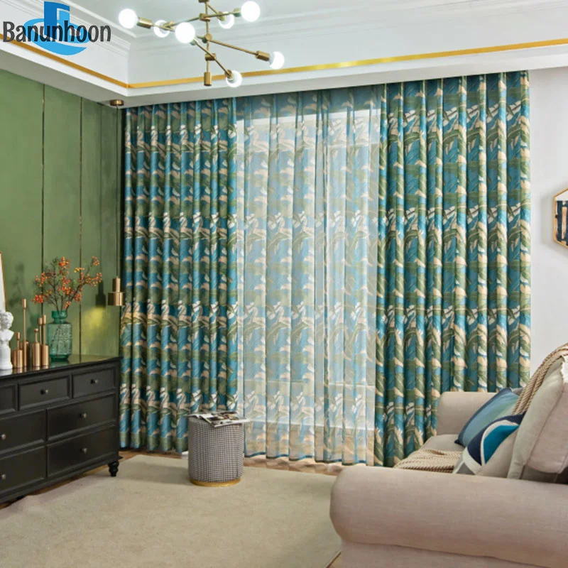 Занавески в американском пасторальном стиле с зеленой ботанией для гостиной