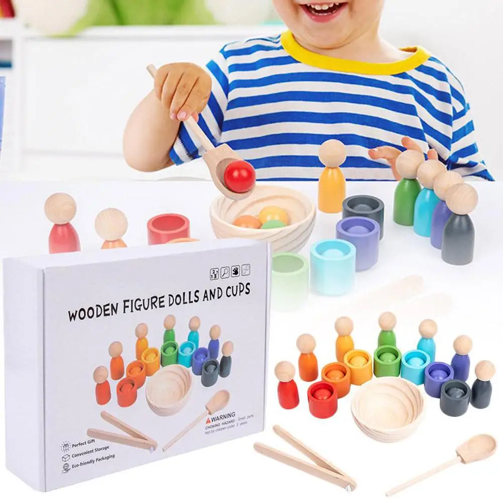 

Новые деревянные шары в чашках, игрушка Монтессори, игра для сортировки цветов, развивающие игрушки, Дошкольная обучающая игрушка и миска, ложка для детей I7p5