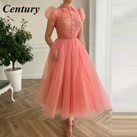 century vintage pale pink swiss dots tulle prom dresses short sleeves midi prom gowns with pockets tea length wedding party gown