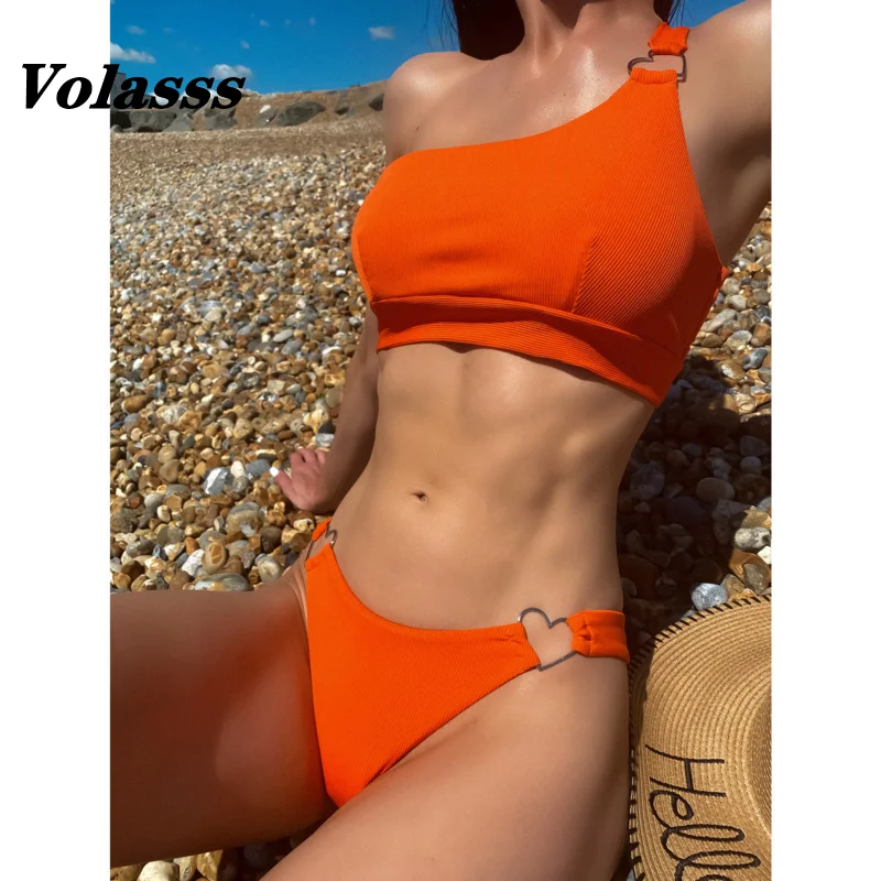 

New Cardioid Ring Swimsuit Ribbed One Should Bikini Two Piece Solid Color Swimwear Women Thong Bathing Suit Middle Waist Biquini