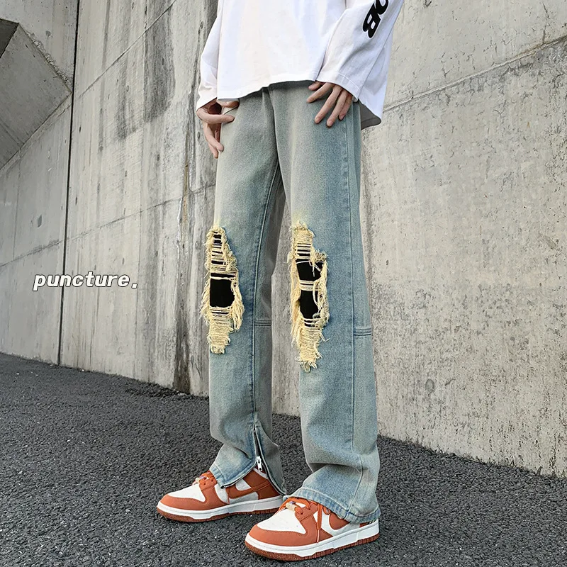 

Vintage Men's Casual Ripped Jeans Worn Yellow Mud Dyed Denim Pants High Street Zipper Split Straight Slim Trousers Black Patch