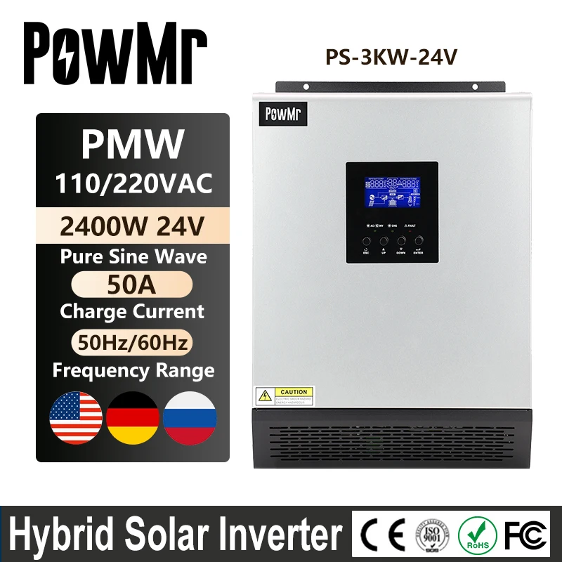 

PowMr 3KVA Pure Sine Wave Hybrid Solar Inverter 110V 220VAC Output 24VDC Input 50A PWM Solar Charger Controller For Solar Panel