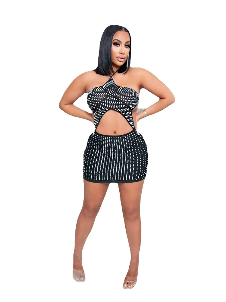 

Szkzk sexy hot drill Mini dress Women halter neck bandage hollow out backless high waist night tight fitted club party dress