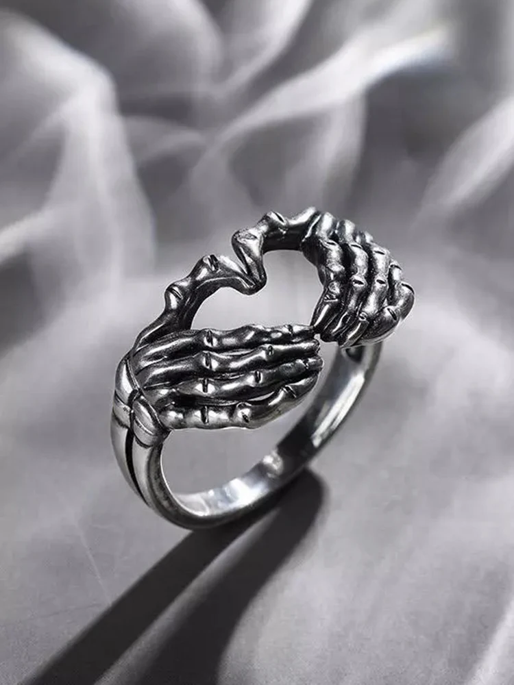 Панк готический скелет руки Сердце кольца для мужчин женщин винтажные хип-хоп