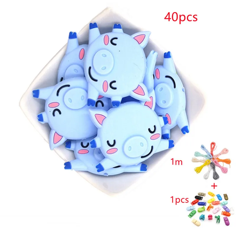40pcs Cute Pig Silicone Beads Baby Teether Toy BPA Free Soft Chew Teething Beads DIY Pacifier Clip Jewelry Making Accessories
