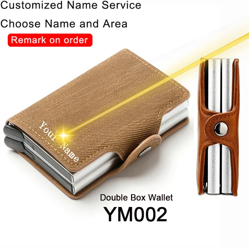 Customized Name Engraving Wallet RFID Card Holder Anti-theft Purse Double Box Credit Card Holder Denim Leather Wallet Cardholder