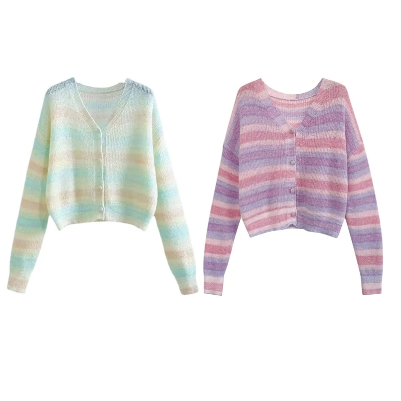 

Summer Stripe Knit Cardigan Tops Korean Blouses Women Girl Daily Beach Shopping