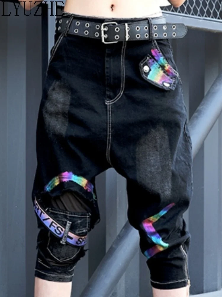 

LYUZHE Perforated Jeans Women Thin Design Unique Pants Street Harem Pants Black Pencil Leggings ZXF270A