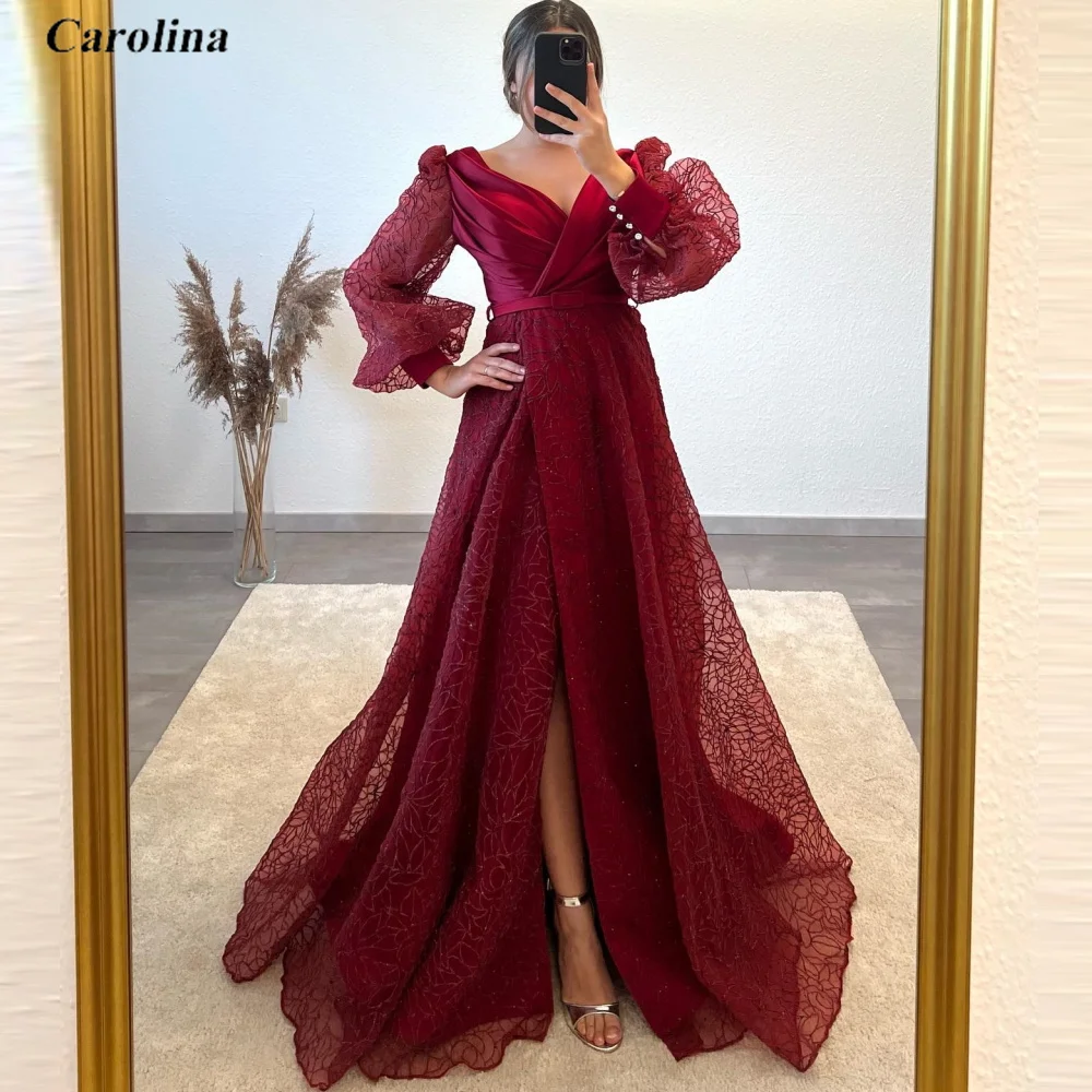

V-Neck Prom Gown Puffy Sleeves Blue Glitter High Split Burgundy Occasion Dress Robe De Soirée Women Ruched Evening Party Dress