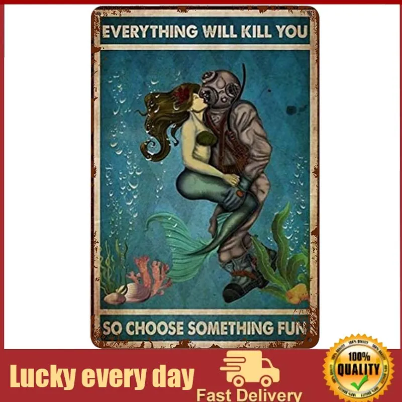 

Decor Vintage Metal Tin Signs Diver and Mermaid Tin Sign Wall Plaque Wall Art Funny Gifts for Man Cave Cafes Bar Pub Club Home
