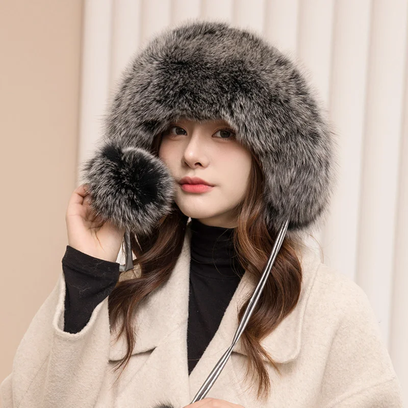Fox Fur Hat Women's Winter Lei Feng Hat Plush Ear Protection Cap Warm Skiing Hat Fashion Hat For Female Thick Furry Fur Cap