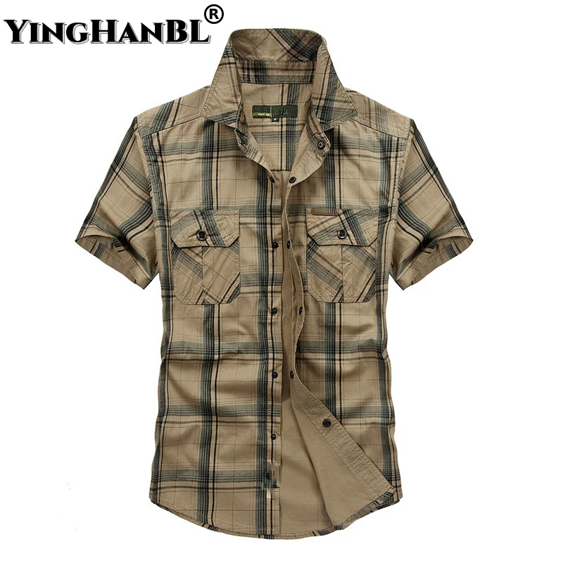 

Summer Shirt Men Casual Shirts Plaid Pure Cotton Loose Men Shirts Military Streetwear Male Plus Size 5XL Chemise Homme Business