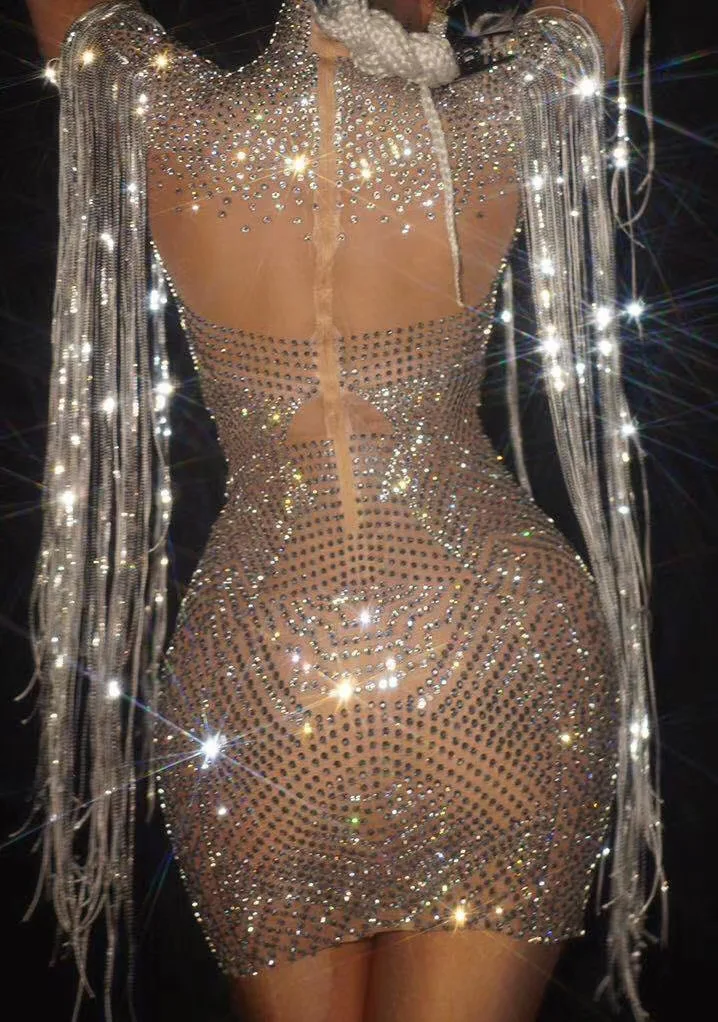 Серебряное блестящее женское платье с бахромой для ночного клуба празднования