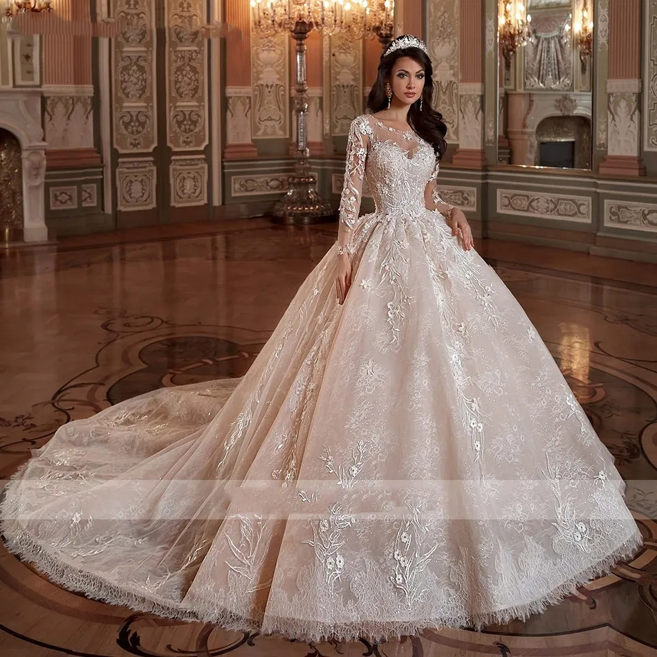 

Роскошное кружевное бальное платье 2023, свадебное платье с длинным рукавом, свадебное платье с бисером и цветами, блестящее женское платье ...