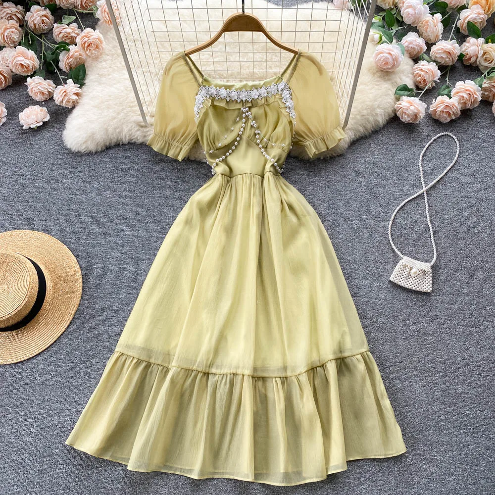 

2022 Summer Fashion Lace Lace Square Neck Sweet Temperament Waist A-shaped Dress dress for women