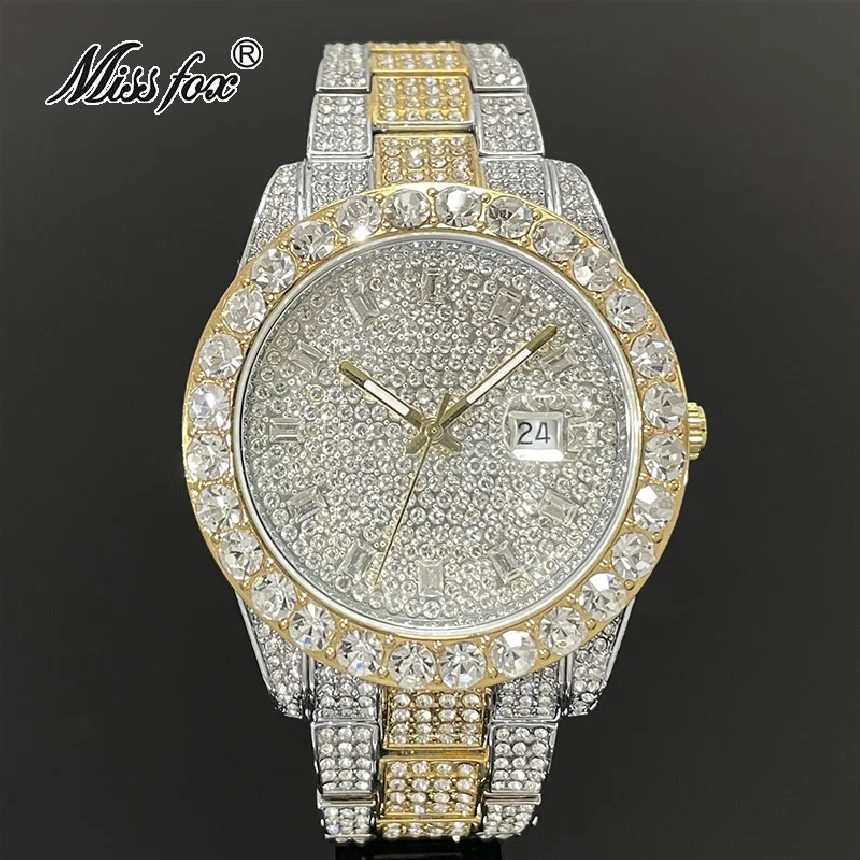 

MISSFOX Luxury Watch For Men Gold Hip Hop Quartz WristWatches Automatic Date Fashion Diamond Bling Clock Waterproof Reloj Hombre