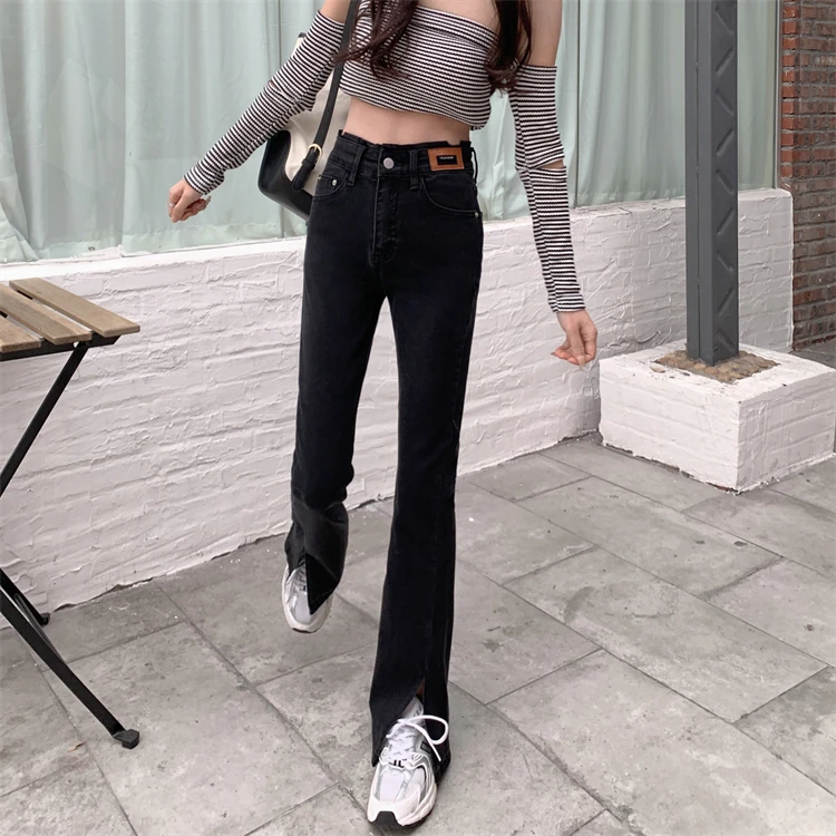 N0762  Slit jeans new high waist slim micro flared pants floor pants jeans