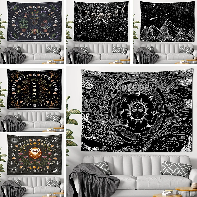 

Moon Phase Sun Black White Tapestry Wall Hanging Boho Hippie Tapiz Cosmic Art Dorm Psychedelic Home Bedroom Living Room Decor