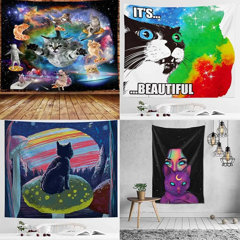 Психоделический гобелен с рисунком кошки для офиса гостиной домашний Настенный
