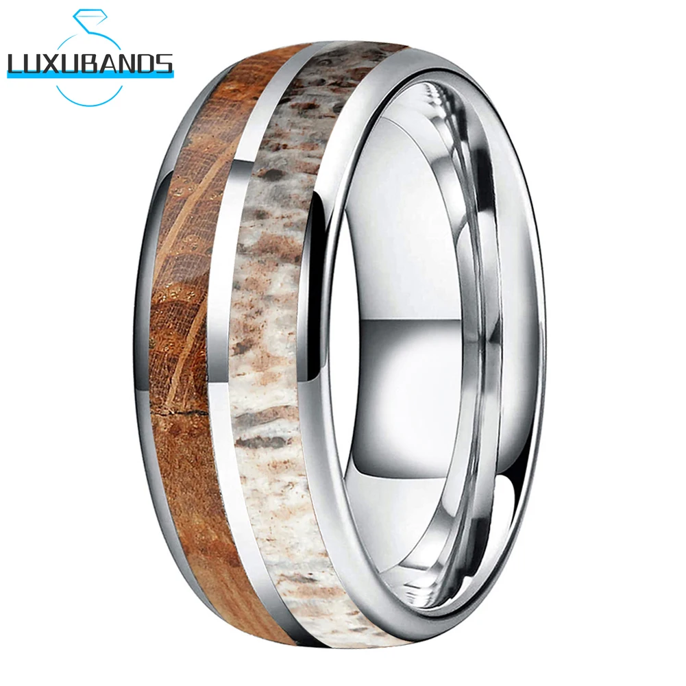 

Tungsten Carbide Wedding Ring 8mm Two Grooved Whiskey Barrel Wood Deer Antler Inlay Brushed Finish For Men Wemen Comfort Fit