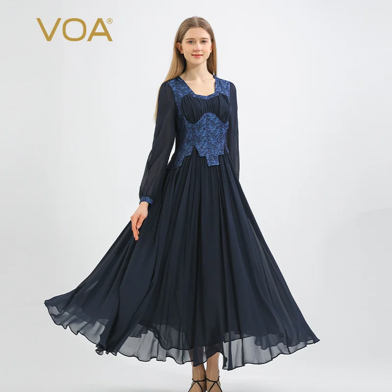 

(Fans Exclusive Discount) VOA 34m/m Yarn-dyed Jacquard Silk Long Sleeve Dress Party Dress Silk Maxi Dresses for Women AE1333