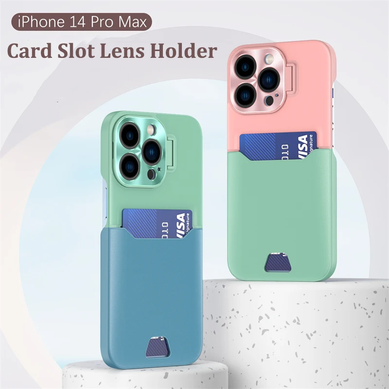 

For iPhone 14 Pro Max Color Card Slot Bag Shockproof Phone Case For iPhone 14 13 12 Pro Max Metal Lens Protection Bracket Cover
