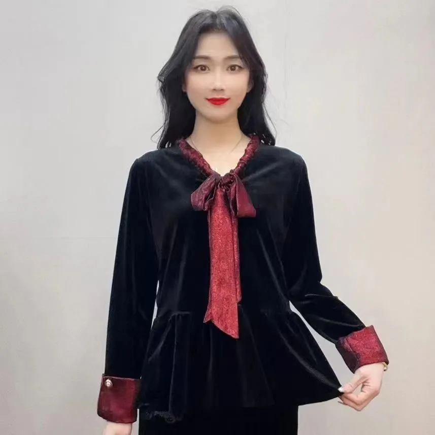 Женская бархатная блузка с длинным рукавом и бантом на воротнике